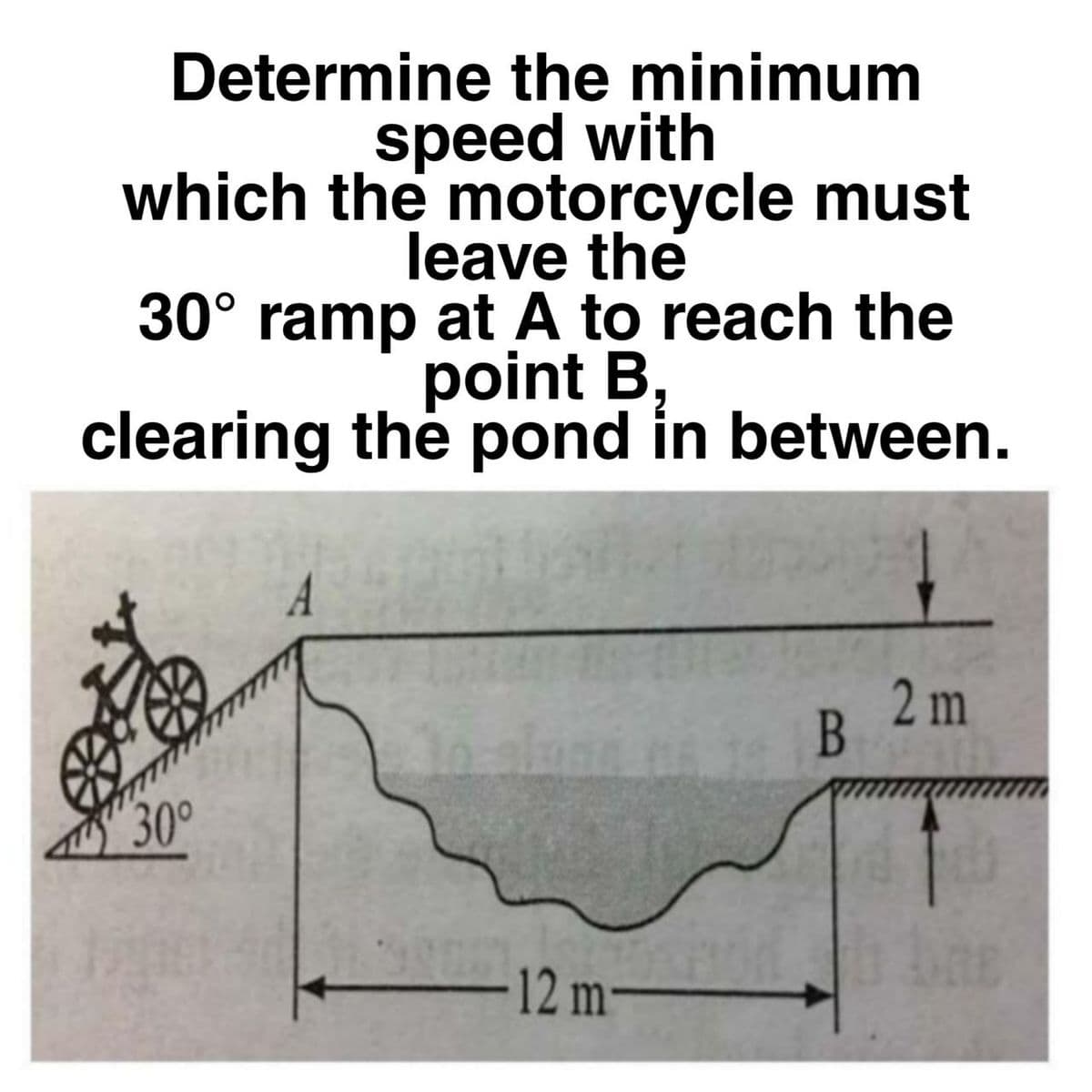 Determine the minimum
speed with
which the motorcycle must
leave the
30° ramp at A to reach the
point B,
clearing thẻ pond in between.
2 m
B
30°
12 m
