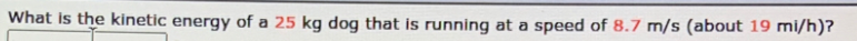 What is the kinetic energy of a 25 kg dog that is running at a speed of 8.7 m/s (about 19 mi/h)?
