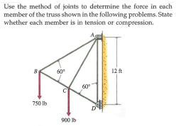 Use the method of joints to determine the force in each
member of the truss shown in the following problems. State
whether each member is in tension or compression.
B
60
12 ft
60°
750 Ib
900 b
