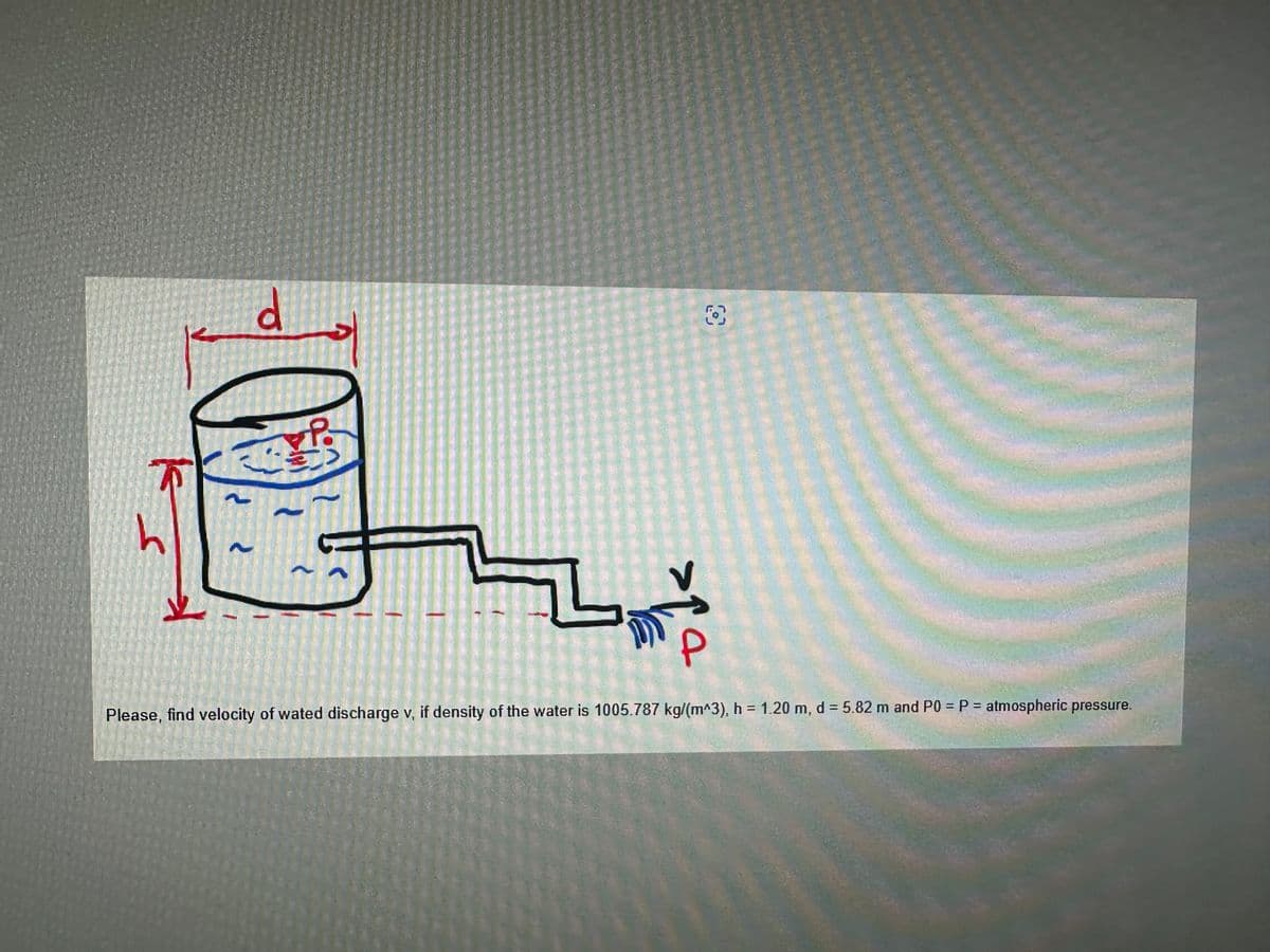 d
~
P.
f
ܒܕ
O
>1² a
Please, find velocity of wated discharge v, if density of the water is 1005.787 kg/(m^3), h = 1.20 m, d = 5.82 m and P0= P = atmospheric pressure.