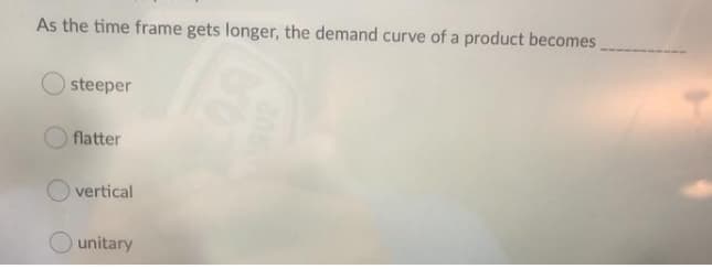 As the time frame gets longer, the demand curve of a product becomes
steeper
flatter
vertical
unitary
208
