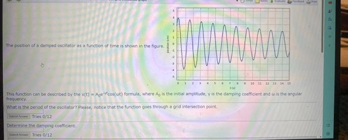 The position of a damped oscillator as a function of time is shown in the figure.
4
Determine the damping coefficient.
Stine A Tries 0/12
Til
7
too
This function can be described by the x(t) = Age *cos(wot) formula, where A, is the initial amplitude, y is the damping coefficient and w is the angular
frequency.
What is the period of the oscillator? Please, notice that the function goes through a grid intersection point.
A
Tries 0/12
8 9 10 11 12 13 14 15
B445.
a
G