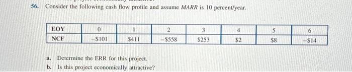 56. Consider the following cash flow profile and assume MARR is 10 percent/year.
EOY
NCF
0
$101
1
$411
a.
Determine the ERR for this project.
b. Is this project economically attractive?
2
$558
3
$253
4
$2
5
$8
6
$14