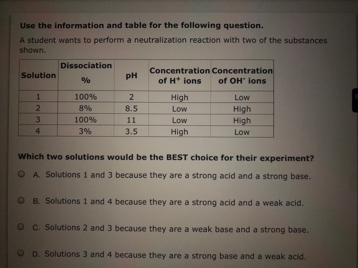 Use the information and table for the following question.
A student wants to perform a neutralization reaction with two of the substances
shown.
Dissociation
Concentration Concentration
of H+ ions
Solution
pH
of OH ions
100%
High
Low
E
8%
8.5
High
High
Low
100%
11
Low
3%
3.5
High
Low
Which two solutions would be the BEST choice for their experiment?
A. Solutions 1 and 3 because they are a strong acid and a strong base.
B. Solutions 1 and 4 because they are a strong acid and a weak acid.
C. Solutions 2 and 3 because they are a weak base and a strong base.
D. Solutions 3 and 4 because they are a strong base and a weak acid.
1234
