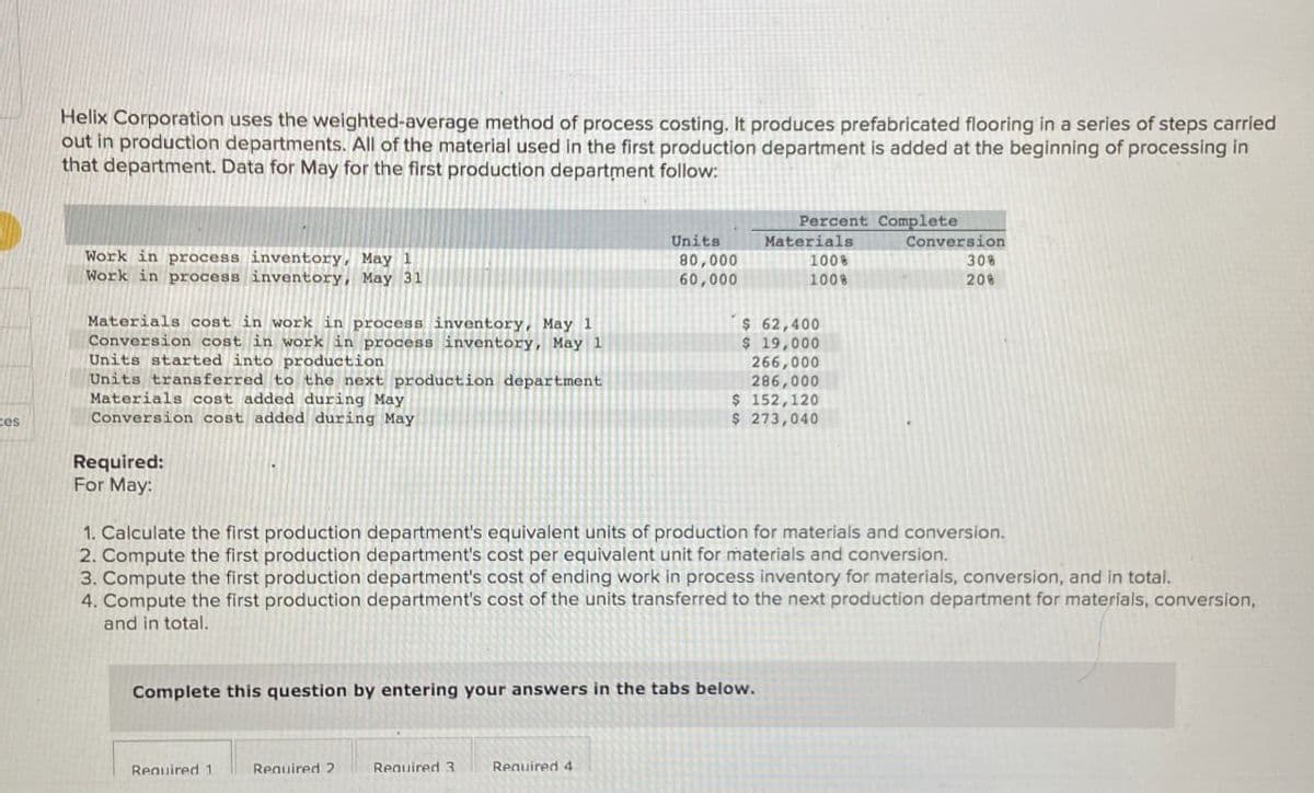 ces
Helix Corporation uses the weighted-average method of process costing. It produces prefabricated flooring in a series of steps carried
out in production departments. All of the material used in the first production department is added at the beginning of processing in
that department. Data for May for the first production department follow:
Work in process inventory, May 1
Work in process inventory, May 31
Materials cost in work in process inventory, May 1
Conversion cost in work in process inventory, May 1
Units started into production
Units transferred to the next production department
Materials cost added during May
Conversion cost added during May
Required:
For May:
Units
80,000
Percent Complete
Materials
100%
100%
Conversion
308
208
60,000
$ 62,400
$ 19,000
266,000
286,000
$ 152,120
$ 273,040
1. Calculate the first production department's equivalent units of production for materials and conversion.
2. Compute the first production department's cost per equivalent unit for materials and conversion.
3. Compute the first production department's cost of ending work in process inventory for materials, conversion, and in total.
4. Compute the first production department's cost of the units transferred to the next production department for materials, conversion,
and in total.
Complete this question by entering your answers in the tabs below.
Required 1
Required 2
Required 3
Required 4