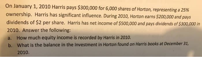 On January 1, 2010 Harris pays $300,000 for 6,000 shares of Horton, representing a 25%
ownership. Harris has significant influence. During 2010, Horton earns $200,000 and pays
dividends of $2 per share. Harris has net income of $500,000 and pays dividends of $300,000 in
2010. Answer the following:
a. How much equity income is recorded by Harris in 2010.
b. What is the balance in the Investment in Horton found on Harris books at December 31,
2010.