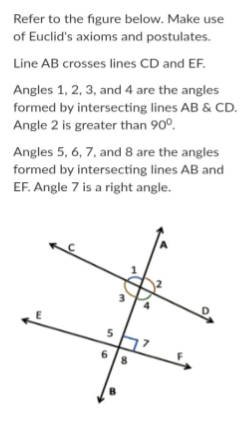 Refer to the figure below. Make use
of Euclid's axioms and postulates.
Line AB crosses lines CD and EF.
Angles 1, 2, 3, and 4 are the angles
formed by intersecting lines AB & CD.
Angle 2 is greater than 90°.
Angles 5, 6, 7, and 8 are the angles
formed by intersecting lines AB and
EF. Angle 7 is a right angle.
6
