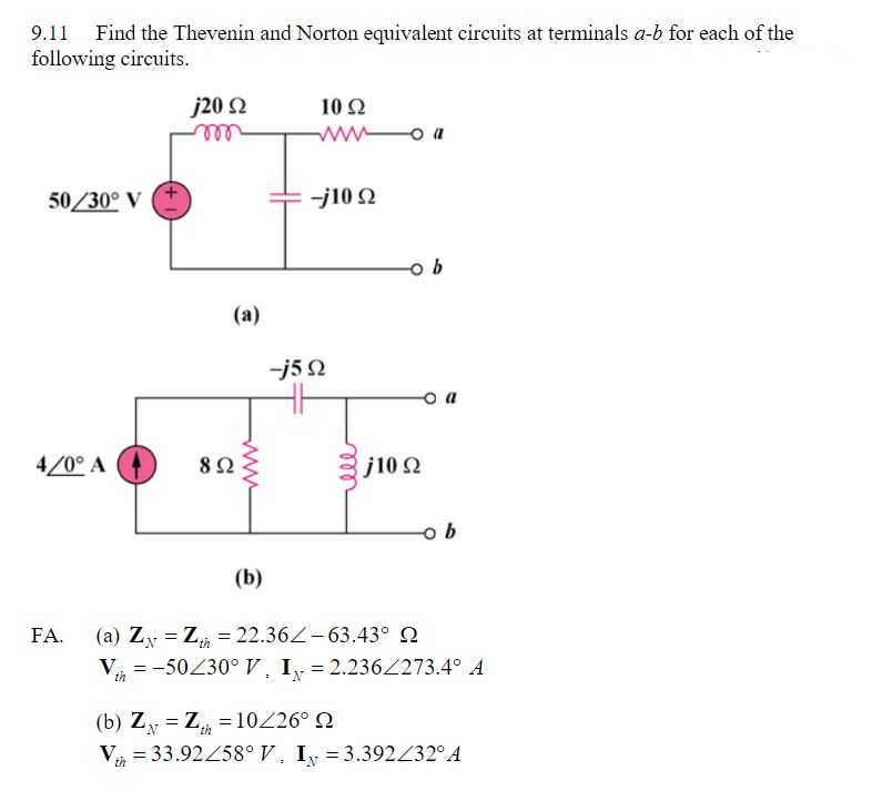 9.11
Find the Thevenin and Norton equivalent circuits at terminals a-b for each of the
following circuits.
j20 2
all
10 2
50/30° V
-j10 2
(a)
-j5 2
4/0° A
82
j10 2
(b)
(a) Zy = Z, = 22.362-63.43° Q
V, = -50430° V, I, = 2.236273.4° A
FA.
th
(b) Zy = Z = 10226° Q
V, = 33.92258° V, I, = 3.392Z32° A
N.
th
N-
all
