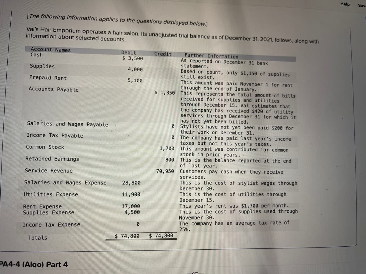 ### Educational Resource: Unadjusted Trial Balance Analysis for Val’s Hair Emporium

Val’s Hair Emporium operates a hair salon. Below is the unadjusted trial balance as of December 31, 2021, along with additional information about selected accounts.

#### Account Balances
| Account Names                 | Debit  | Credit  | Further Information                                               |
|-------------------------------|--------|---------|-------------------------------------------------------------------|
| **Cash**                      | $3,500 |         | As reported on the December 31 bank statement.                  |
| **Supplies**                  | $4,000 |         | Based on count, only $1,150 of supplies still exist.             |
| **Prepaid Rent**              | $5,100 |         | This amount was paid on November 1 for rent through the end of January. |
| **Accounts Payable**          |        | $1,350  | This represents the total amount of bills received for supplies and utilities through December 15. Val estimates that the company has received $420 of utility services through December 31 for which it has not yet been billed. |
| **Salaries and Wages Payable**|        | 0       | Stylists have not yet been paid $200 for their work on December 31. |
| **Income Tax Payable**        |        | 0       | The company has paid last year’s income taxes but not this year’s taxes. |
| **Common Stock**              |        | $1,700  | This amount was contributed for common stock in prior years.      |
| **Retained Earnings**         |        | $800    | This is the balance reported at the end of last year.             |
| **Service Revenue**           |        | $70,950 | Customers pay cash when they receive services.                   |
| **Salaries and Wages Expense**| $28,800|         | This is the cost of stylist wages through December 30.            |
| **Utilities Expense**         | $11,900|         | This is the cost of utilities through December 15.                |
| **Rent Expense**              | $17,000|         | This year’s rent was $1,700 per month.                            |
| **Supplies Expense**          | $4,500 |         | This is the cost of supplies used through November 30.            |
| **Income Tax Expense**