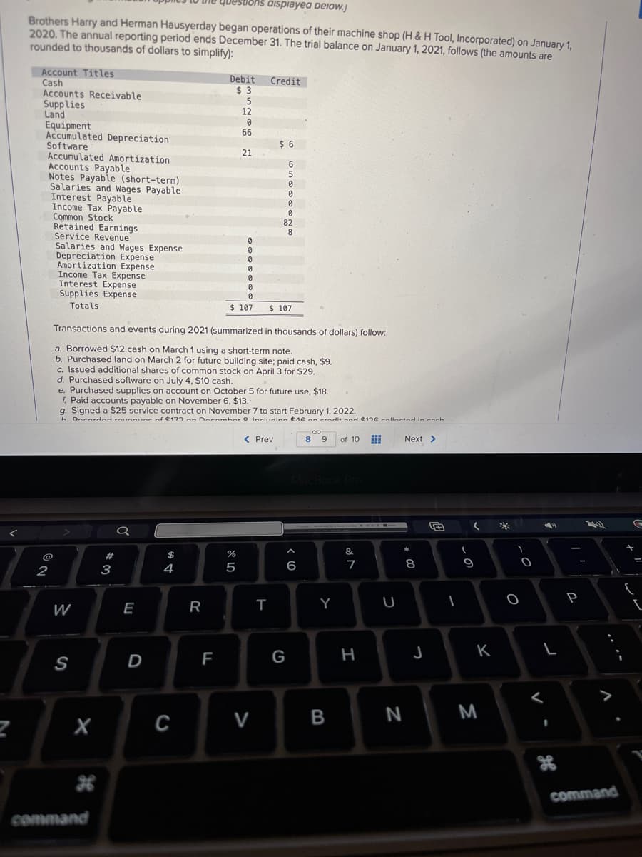 estions displayed below.j
Brothers Harry and Herman Hausyerday began operations of their machine shop (H & H Tool, Incorporated) on January 1,
2020. The annual reporting period ends December 31. The trial balance on January 1, 2021, follows (the amounts are
rounded to thousands of dollars to simplify):
Account Titles
Cash
Accounts Receivable
Supplies
Land
Equipment
Accumulated Depreciation
Software
Accumulated Amortization
Accounts Payable
Notes Payable (short-term)
Salaries and Wages Payable
Interest Payable
2
Income Tax Payable
Common Stock
@
Retained Earnings
Service Revenue
Salaries and Wages Expense
Depreciation Expense
Amortization Expense
Income Tax Expense
Interest Expense
Supplies Expense
Totals
W
S
X
command
# 3
a
E
D
Transactions and events during 2021 (summarized in thousands of dollars) follow:
a. Borrowed $12 cash on March 1 using a short-term note.
b. Purchased land on March 2 for future building site; paid cash, $9.
c. Issued additional shares of common stock on April 3 for $29.
d. Purchased software on July 4, $10 cash.
e. Purchased supplies on account on October 5 for future use, $18.
f. Paid accounts payable on November 6, $13..
g. Signed a $25 service contract on November 7 to start February 1, 2022.
h Decorded rounning of $177 on December O including $16 on credit and $176 collected in each
$
DS
4
C
R
Debit Credit
$3
F
ar dº
5
12
0
0
0
0
0
0
0
$ 107
%
0
66
5
21
< Prev
V
$6
T
6
5
0
0
0
0
82
8
$ 107
G
<
6
89 of 10 #
Y
B
&
7
H
U
Next >
* 00
N
8
J
1
(
(
9
K
3
)
O
O
L
P
V
command
+
=
{