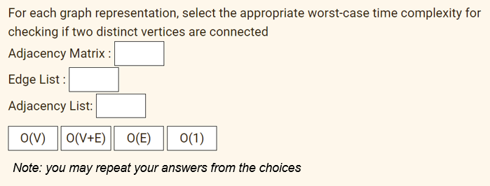 For each graph representation, select the appropriate worst-case time complexity for
checking if two distinct vertices are connected
Adjacency Matrix :
Edge List:
Adjacency List:
O(V) O(V+E) O(E)
0(1)
Note: you may repeat your answers from the choices