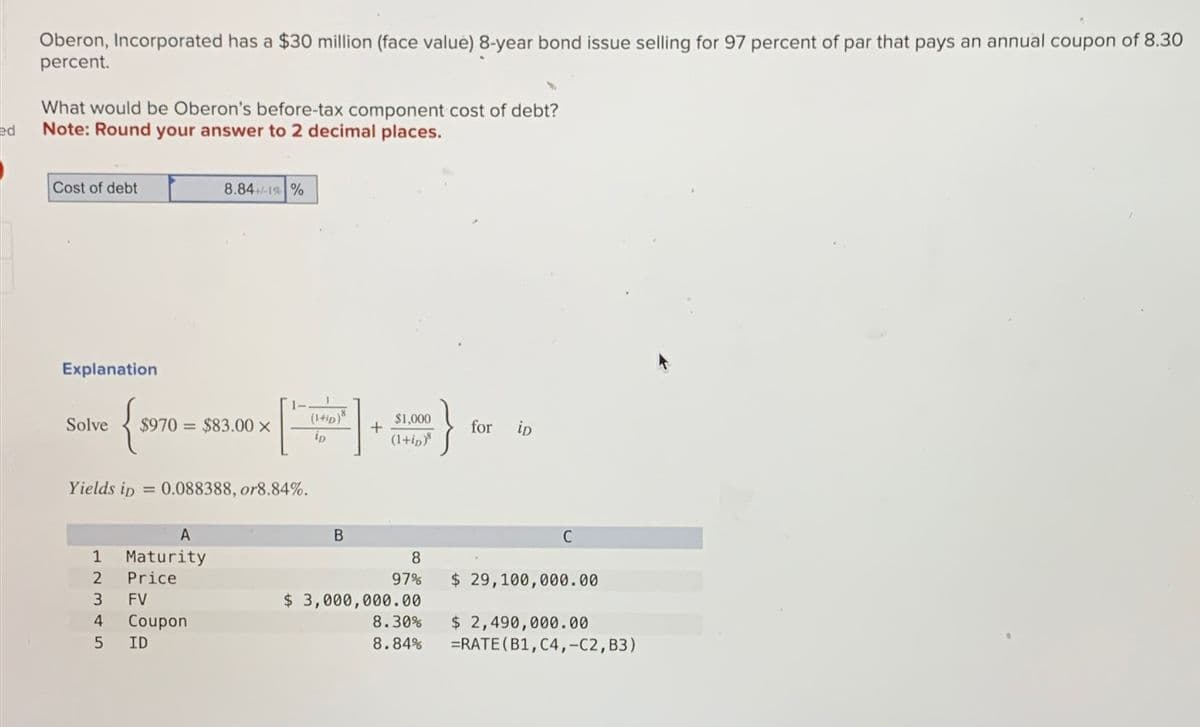 Oberon, Incorporated has a $30 million (face value) 8-year bond issue selling for 97 percent of par that pays an annual coupon of 8.30
percent.
What would be Oberon's before-tax component cost of debt?
ed
Note: Round your answer to 2 decimal places.
Cost of debt
8.84+1-1% %
Explanation
Solve
{5970-
Yields ip
$970 = $83.00 X
(1+ip)
iD
+
$1,000
(1+ip)
for
= 0.088388, or8.84%.
1
A
Maturity
2
Price
3
FV
4
Coupon
5
ID
.D
B
C
8
97%
$ 29,100,000.00
$ 3,000,000.00
8.30%
8.84%
$ 2,490,000.00
=RATE (B1, C4,-C2, B3)