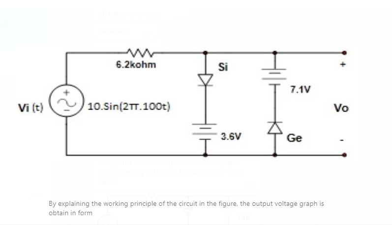 6.2kohm
Si
7.1V
Vi (t)
10.Sin(2TT.100t)
Vo
3.6V
Ge
By explaining the working principle of the circuit in the figure, the output voltage graph is
obtain in form
