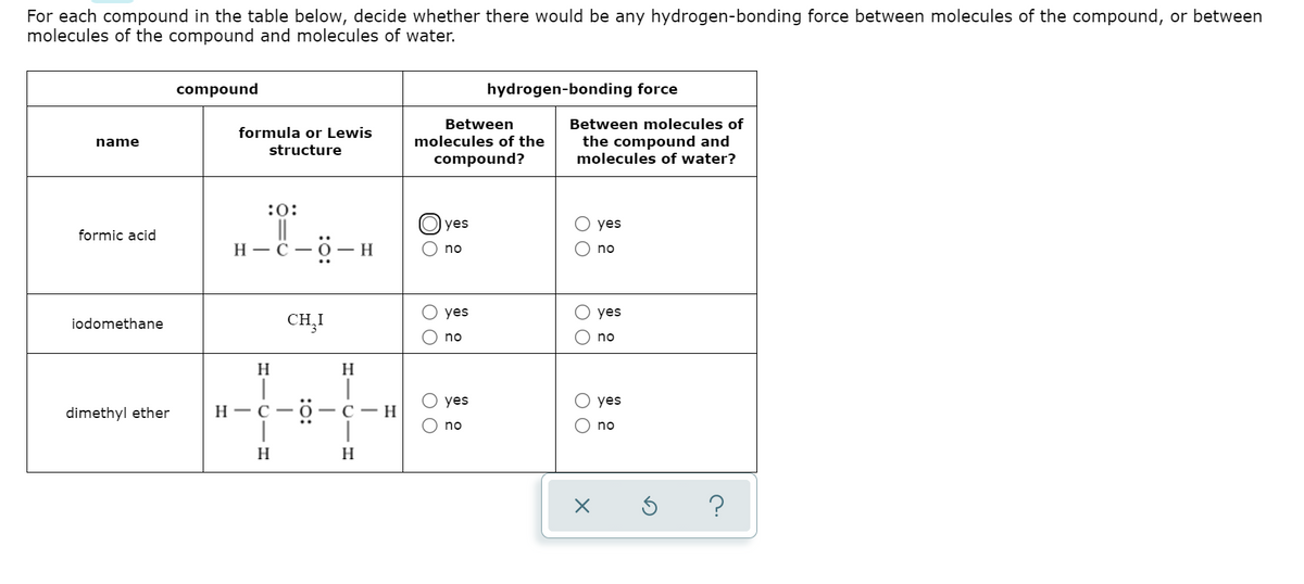 For each compound in the table below, decide whether there would be any hydrogen-bonding force between molecules of the compound, or between
molecules of the compound and molecules of water.
compound
hydrogen-bonding force
Between
Between molecules of
formula or Lewis
molecules of the
the compound and
molecules of water?
name
structure
compound?
:0:
||
Н — С — о— Н
yes
yes
formic acid
no
no
yes
О yes
iodomethane
CH,I
no
no
H
H
yes
yes
dimethyl ether
Н — С —
- C -H
no
no
H
H
O O
ОО
:o:
