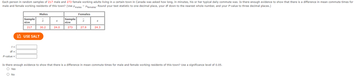 Each person in random samples of 217 male and 273 female working adults living in a certain town in Canada was asked how long, in minutes, his or her typical daily commute was. Is there enough evidence to show that there is a difference in mean commute times for
male and female working residents of this town? (Use umales - Hfemales: Round your test statistic to one decimal place, your df down to the nearest whole number, and your P-value to three decimal places.)
Males
Females
Sample
size
Sample
size
217
30.2
24.0
273
27.9
24,3
In USE SALT
t =
df =
p-value =
Is there enough evidence to show that there is a difference in mean commute times for male and female working residents of this town? Use a significance level of 0.05.
O Yes
O No
