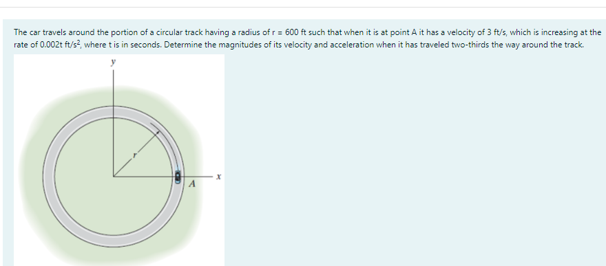 The car travels around the portion of a circular track having a radius of r = 600 ft such that when it is at point A it has a velocity of 3 ft/s, which is increasing at the
rate of 0.002t ft/s?, where t is in seconds. Determine the magnitudes of its velocity and acceleration when it has traveled two-thirds the way around the track.
A
