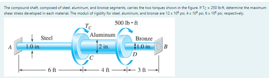 The compound shaft, composed of steel, aluminum, and bronze segments, carries the two torques shown in the figure. If Tc = 250 lb-ft, determine the maximum
shear stress developed in each material. The moduli of rigidity for steel, aluminum, and bronze are 12 x 10° psi, 4 x 10° psi, 6 x 10° psi, respectively.
%3D
500 lb • ft
Tc
Aluminum
Steel
Bronze
1.0 in.
41.0 in.
D
A
2 in.
B
6 ft
H 4 ft le– 3 ft
