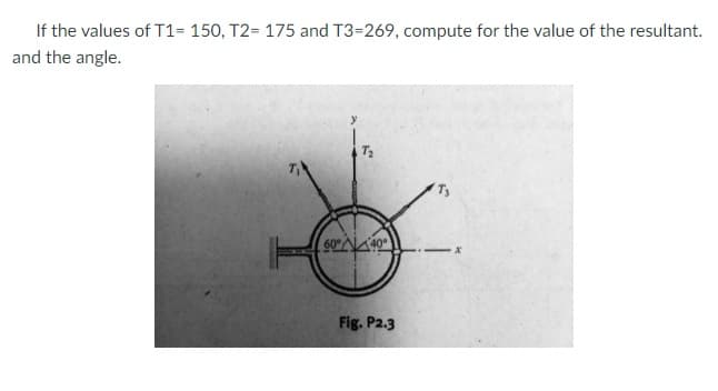 If the values of T1= 150, T2= 175 and T3=269, compute for the value of the resultant.
and the angle.
Ts
|
Fig. P2.3
