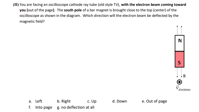 (II) You are facing an oscilloscope cathode ray tube (old style TV), with the electron beam coming toward
you (out of the page). The south pole of a bar magnet is brought close to the top (center) of the
oscilloscope as shown in the diagram. Which direction will the electron beam be deflected by the
magnetic field?
a. Left
b. Right
c. Up
f. Into page g. no deflection at all
d. Down
e. Out of page
N
S
B
electrons