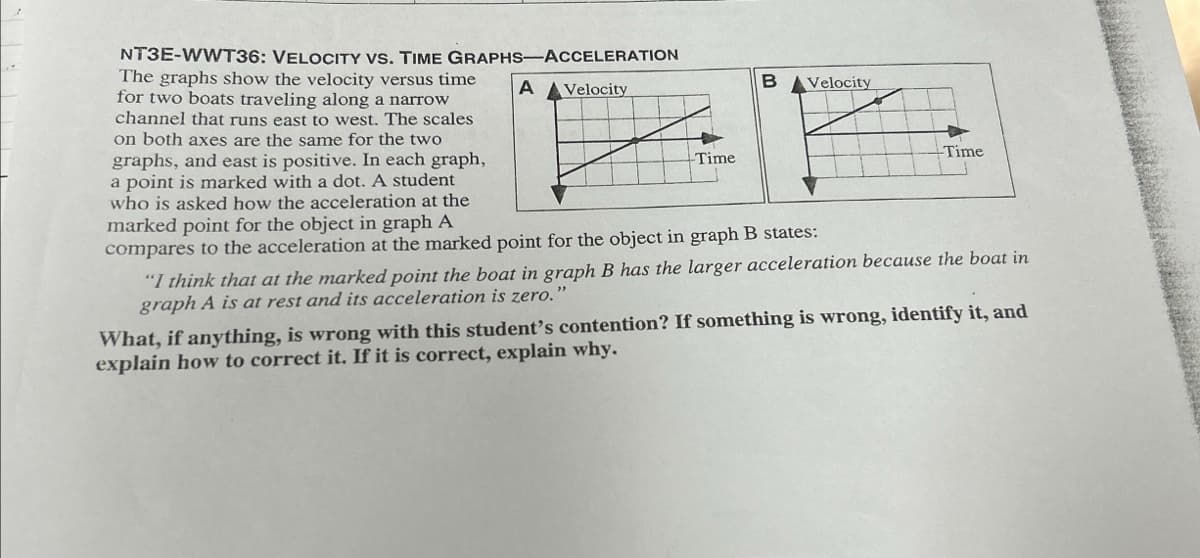 NT3E-WWT36: VELOCITY VS. TIME GRAPHS-ACCELERATION
A Velocity
The graphs show the velocity versus time
for two boats traveling along a narrow
channel that runs east to west. The scales
on both axes are the same for the two
graphs, and east is positive. In each graph,
a point is marked with a dot. A student
who is asked how the acceleration at the
marked point for the object in graph A
compares to the acceleration at the marked point for the object in graph B states:
Time
B
Velocity
Time
"I think that at the marked point the boat in graph B has the larger acceleration because the boat in
graph A is at rest and its acceleration is zero."
What, if anything, is wrong with this student's contention? If something is wrong, identify it, and
explain how to correct it. If it is correct, explain why.