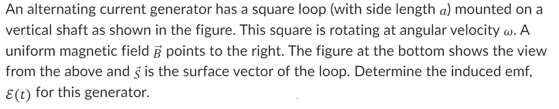 An alternating current generator has a square loop (with side length a) mounted on a
vertical shaft as shown in the figure. This square is rotating at angular velocity w. A
uniform magnetic field 3 points to the right. The figure at the bottom shows the view
from the above and s is the surface vector of the loop. Determine the induced emf,
(t) for this generator.