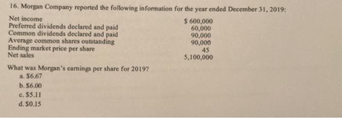 16. Morgan Company reported the following information for the year ended December 31, 2019:
Net income
$ 600,000
60,000
90,000
Preferred dividends declared and paid
Common dividends declared and paid
Average common shares outstanding
Ending market price per share
Net sales
90,000
45
5,100,000
What was Morgan's earnings per share for 2019?
a. $6.67
b. $6.00
c. $5.11
d. $0.15