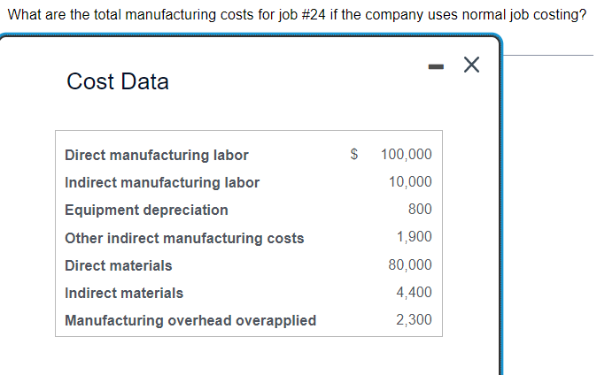 What are the total manufacturing costs for job #24 if the company uses normal job costing?
Cost Data
Direct manufacturing labor
Indirect manufacturing labor
Equipment depreciation
Other indirect manufacturing costs
Direct materials
Indirect materials
Manufacturing overhead overapplied
$
-
100,000
10,000
800
1,900
80,000
4,400
2,300
X