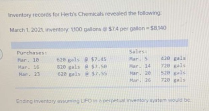 Inventory records for Herb's Chemicals revealed the following:
March 1, 2021, inventory: 1100 gallons @ $7.4 per gallon = $8,140
Purchases:
Mar. 10
Mar. 16
Mar. 23
620 gals@ $7.45
820 gals @ $7.50
620 gals@ $7.55
Sales:
Mar. S
Mar. 14
Mar. 20
Mar. 26
420 gals
720 gals
520 gals
720 gals
Ending inventory assuming LIFO in a perpetual inventory system would be