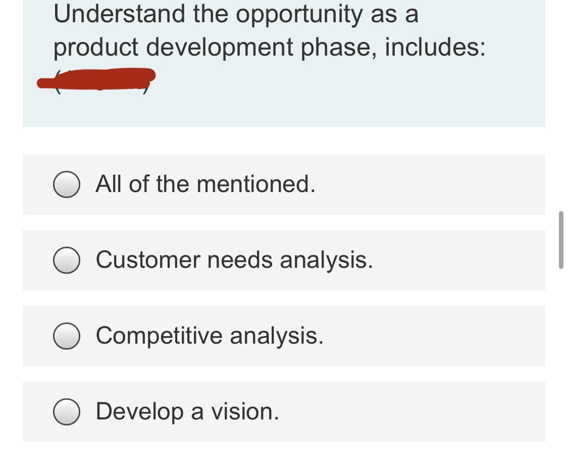 Understand the opportunity as a
product development phase, includes:
All of the mentioned.
Customer needs analysis.
Competitive analysis.
Develop a vision.
