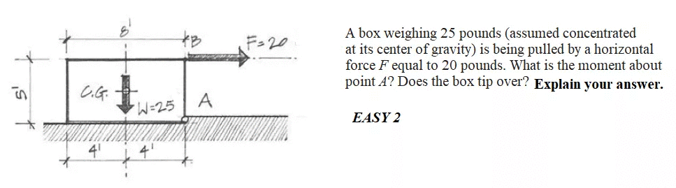 A box weighing 25 pounds (assumed concentrated
at its center of gravity) is being pulled by a horizontal
force F equal to 20 pounds. What is the moment about
point A? Does the box tip over? Explain your answer.
F-20
C.G.
3325
EASY 2
