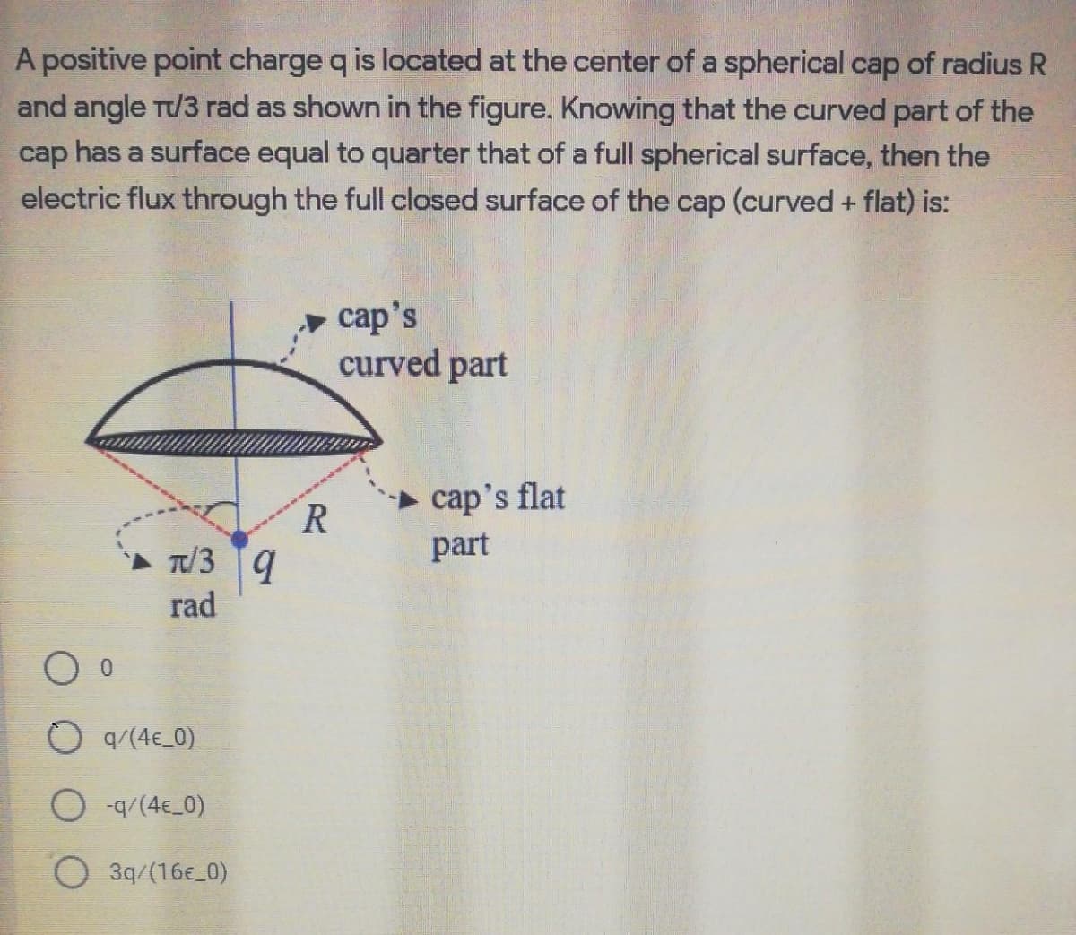 A positive point charge q is located at the center of a spherical cap of radius R
and angle T/3 rad as shown in the figure. Knowing that the curved part of the
cap has a surface equal to quarter that of a full spherical surface, then the
electric flux through the full closed surface of the cap (curved + flat) is:
сap's
curved part
• cap's flat
R.
T/3 9
part
rad
O q/(4€_0)
O -q/(4€_0)
O 3q/(16€_0)
