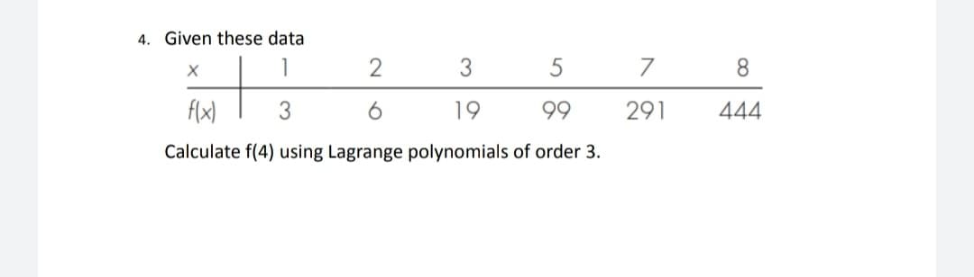 4. Given these data
X
2
3
5
f(x)
3
6
19
99
Calculate f(4) using Lagrange polynomials of order 3.
7
291
8
444