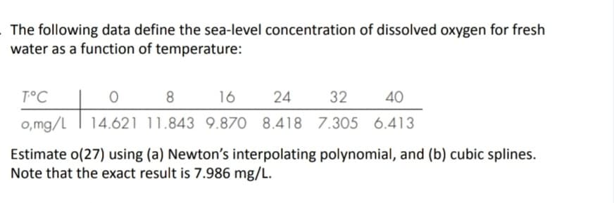 The following data define the sea-level concentration of dissolved oxygen for fresh
water as a function of temperature:
T°C
O
8
16
24
32
40
14.621 11.843 9.970 8.418 7.305 6.413
o,mg/L
Estimate o(27) using (a) Newton's interpolating polynomial, and (b) cubic splines.
Note that the exact result is 7.986 mg/L.