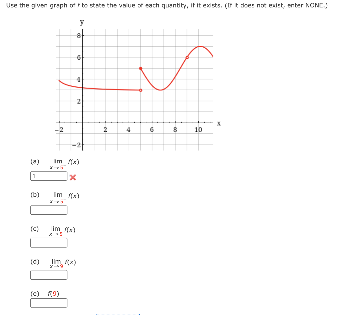 Use the given graph of f to state the value of each quantity, if it exists. (If it does not exist, enter NONE.)
y
8
6
4
-2
4
6.
8
10
-2-
(a)
lim f(x)
X→5-
1
(b)
lim f(x)
X→5+
(c)
lim_ f(x)
X-5
(d)
lim f(x)
(e)
f(9)
