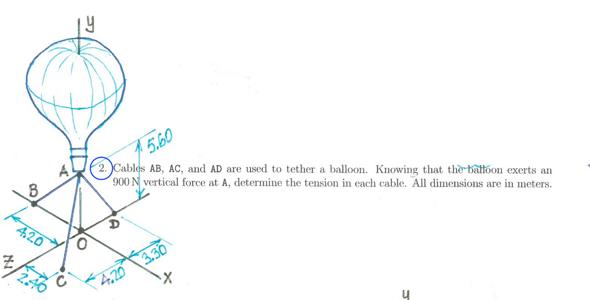 B
4.20
с
15.60
2.)Cables AB, AC, and AD are used to tether a balloon. Knowing that the balloon exerts an
900 N vertical force at A, determine the tension in each cable. All dimensions are in meters.
D
4.20
3.30
·X
u