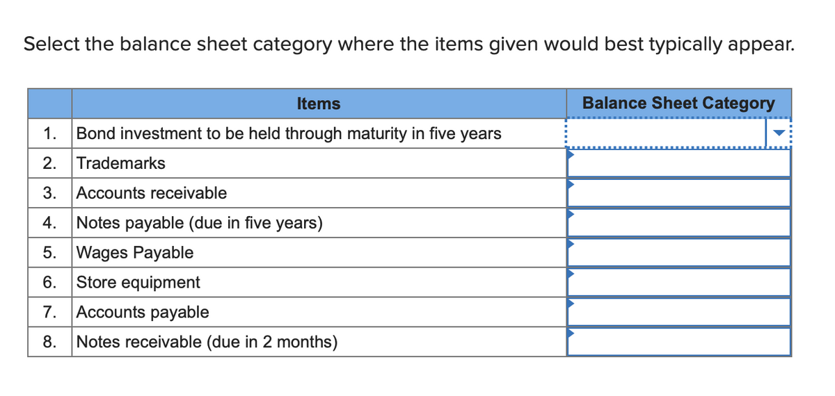 **Title: Identifying Balance Sheet Categories**

**Instruction:**
Select the balance sheet category where the items listed below would typically appear.

**Table:**

| Items                                                       | Balance Sheet Category  |
|-------------------------------------------------------------|-------------------------|
| 1. Bond investment to be held through maturity in five years |                         |
| 2. Trademarks                                                |                         |
| 3. Accounts receivable                                       |                         |
| 4. Notes payable (due in five years)                         |                         |
| 5. Wages Payable                                             |                         |
| 6. Store equipment                                           |                         |
| 7. Accounts payable                                          |                         |
| 8. Notes receivable (due in 2 months)                        |                         |

**Explanation:**
When preparing a balance sheet, it is crucial to categorize items correctly to reflect the financial position accurately. The table above lists various items, and the task is to choose the appropriate balance sheet category typically associated with each one. This table serves as an educational tool to help understand how different financial elements are classified in accounting records.