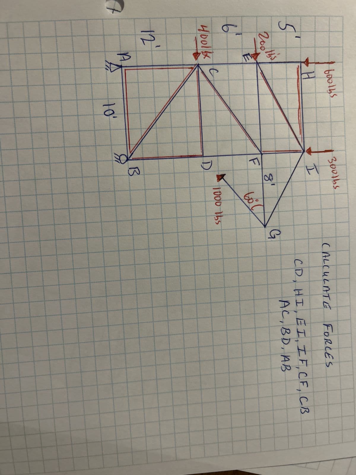7
5⁰
20016's
E
6
4001 C
12
boolbs
H
A
10⁰
300165
14
F
D
8'
B
3
bol
1000 155
G
CALCULATE FORCES
CD, HI, EI, IF, CF, CB
AC, BD, AB