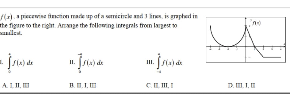 f(x), a piecewise function made up of a semicircle and 3 lines, is graphed in
the figure to the right. Arrange the following integrals from largest to
smallest.
I.
dx
II.
dx
II
Α.1 Π
В. П, І, Ш
С. П, Ш, I
D. II, І, I
