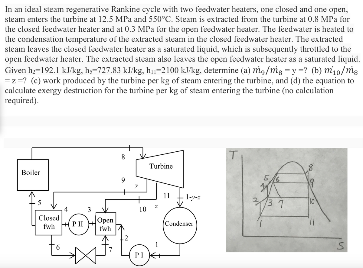 In an ideal steam regenerative Rankine cycle with two feedwater heaters, one closed and one open,
steam enters the turbine at 12.5 MPa and 550°C. Steam is extracted from the turbine at 0.8 MPa for
the closed feedwater heater and at 0.3 MPa for the open feedwater heater. The feedwater is heated to
the condensation temperature of the extracted steam in the closed feedwater heater. The extracted
steam leaves the closed feedwater heater as a saturated liquid, which is subsequently throttled to the
open feedwater heater. The extracted steam also leaves the open feedwater heater as a saturated liquid.
Given h2=192.1 kJ/kg, hs=727.83 kJ/kg, h1=2100 kJ/kg, determine (a) m9/mg = y =? (b) m10/mg
= z =? (c) work produced by the turbine per kg of steam entering the turbine, and (d) the equation to
calculate exergy destruction for the turbine per kg of steam entering the turbine (no calculation
required).
8
Turbine
Boiler
9
S/6
+
+
11
1-y-z
T10
5
37
4
3
10
Closed
Оpen
fwh
fwh
P II
Condenser
.2
6.
PI
