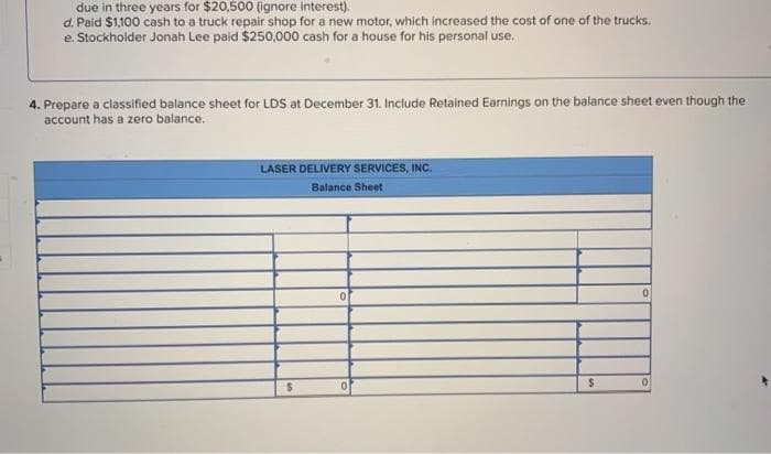 due in three years for $20,500 (ignore interest).
d. Paid $1,100 cash to a truck repair shop for a new motor, which increased the cost of one of the trucks.
e. Stockholder Jonah Lee paid $250,000 cash for a house for his personal use.
4. Prepare a classified balance sheet for LDS at December 31. Include Retained Earnings on the balance sheet even though the
account has a zero balance.
LASER DELIVERY SERVICES, INC.
Balance Sheet
$
0
0
$
0
0