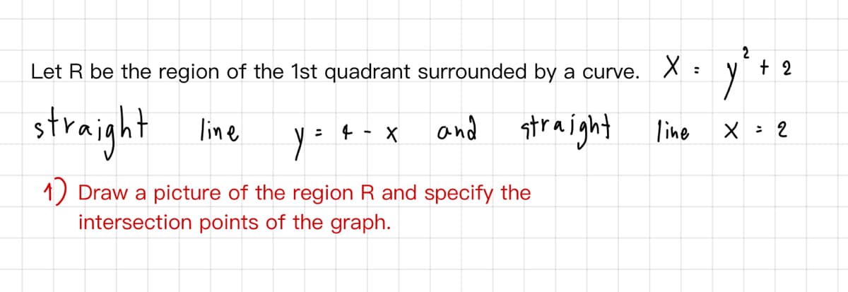 irve. X : y
+ 2
Let R be the region of the 1st quadrant surrounded by a curve
straight
and straight
line
line
X : 2
1) Draw a picture of the region R and specify the
intersection points of the graph.
