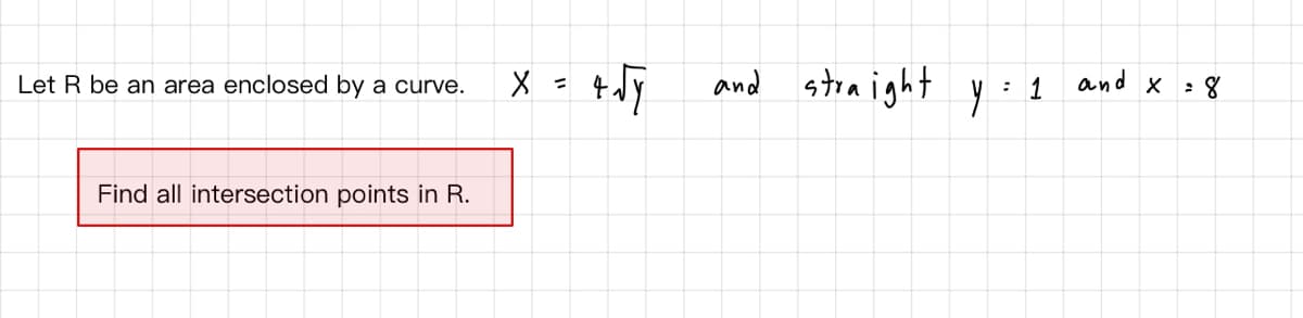 and stra ight y : 1 and x o8
Let R be an area enclosed by a curve.
Find all intersection points in R.
