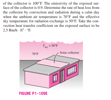 of the collector is 100°F. The emissivity of the exposed sur-
face of the collector is 0.9. Detemine the rate of heat loss from
the collector by convection and radiation during a calm day
when the ambient air temperature is 70°F and the effective
sky temperature for radiation exchange is 50°F. Take the con-
vection heat transfer coefficient on the exposed surface to be
2.5 Btu/h - ft . °F.
Ty = 50°F
sky
Solar collector
70°F
FIGURE P1-109E
