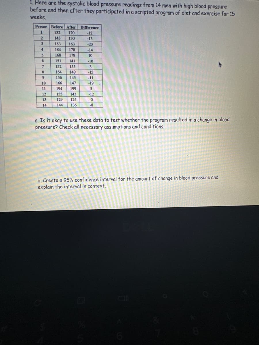 1. Here are the systolic blood pressure readings from 14 men with high blood pressure
before and then after they participated in a scripted program of diet and exercise for 15
weeks.
Person Before After Difference
1
132 120
-12
143
130
-13
183
163
-20
184
170
-14
168
178
10
151
141
-10
152
155
3
164
149
-15
156 145
-11
166
147
-19
194 199
5
155
143
-12
129
124
144 136
2
3
4
5
6
7
8
9
10
11
12
13
14
-5
-8
a. Is it okay to use these data to test whether the program resulted in a change in blood
pressure? Check all necessary assumptions and conditions.
b. Create a 95% confidence interval for the amount of change in blood pressure and
explain the interval in context.