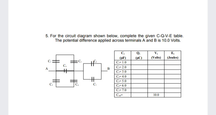 5. For the circuit diagram shown below, complete the given C-Q-V-E table.
The potential difference applied across terminals A and B is 10.0 Volts.
C,
Q.
V,
E,
(AF)
C- 1.0
(uC)
(Volts)
(Joules)
C.
C=2.0
B
C- 3.0
Ce 4.0
C- 5.0
C- 6.0
C- 7.0
10.0
