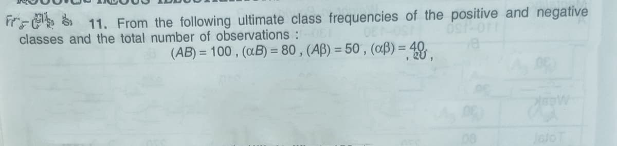 11. From the following ultimate class frequencies of the positive and negative
classes and the total number of observations :0
(AB) = 100 , (aB) = 80 , (Aß) = 50 , (aB) = 40,
JeloT
