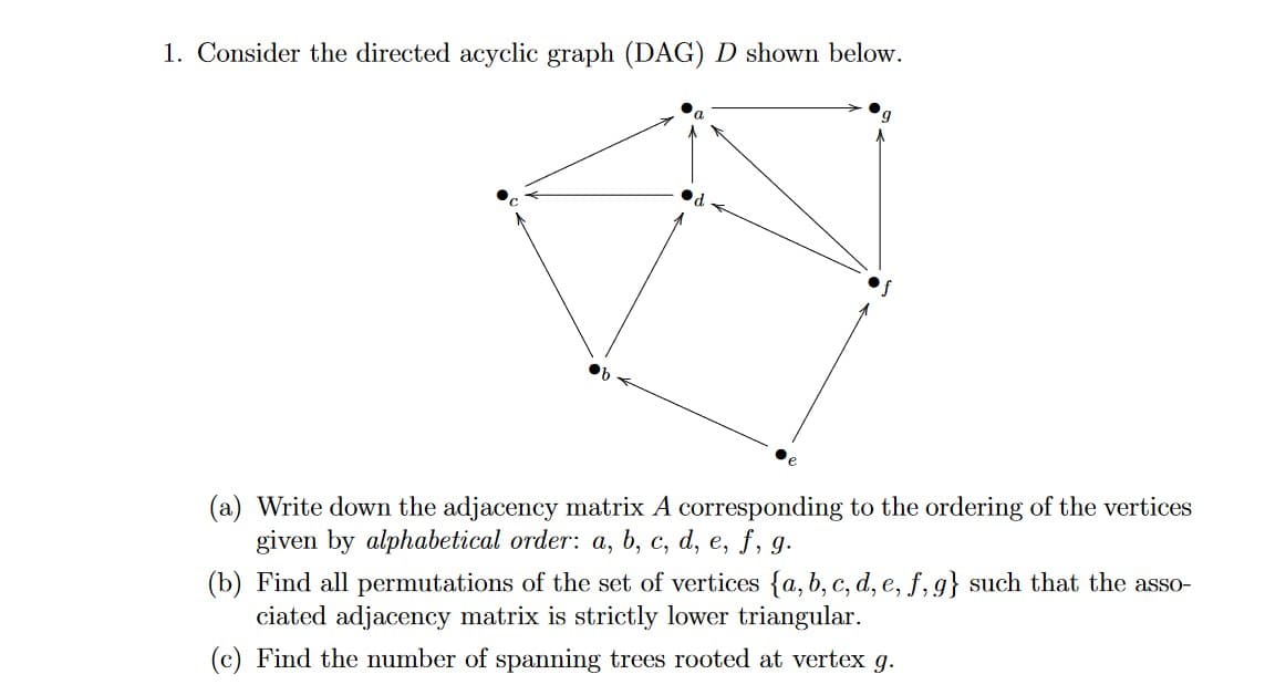 1. Consider the directed acyclic graph (DAG) D shown below.
(a) Write down the adjacency matrix A corresponding to the ordering of the vertices
given by alphabetical order: a, b, c, d, e, f, g.
(b) Find all permutations of the set of vertices {a, b, c, d, e, f,g} such that the asso-
ciated adjacency matrix is strictly lower triangular.
(c) Find the number of spanning trees rooted at vertex g.
