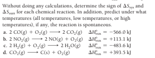 Without doing any calculations, determine the sign of AS and
ASu for each chemical reaction. In addition, predict under what
temperatures (all temperatures, low temperatures, or high
temperatures), if any, the reaction is spontaneous.
a. 2 Co(g) + O,(g) 2 CO2(g) AHn = -566.0 kJ
b. 2 NO,(g) 2 NO(g) + 02(g) AHn = +113.1 kJ
c. 2 H,(g) + 0,(g) 2 H,O(g)
d. CO.@ C(s) + 02(g)
AH.
AHxn = +393.5 k]
= -483.6 k)
"Exn
