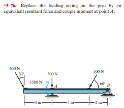 *3-76. Replace the loading acting on the post by an
equivalent resultant force and couple moment at point A.
650 N
500 N
300 N
1500 N - m
60
-3 m
-5 m-
