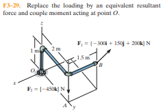 F3-29. Replace the loading by an equivalent resultant
force and couple moment acting at point O.
F, = (-300 + 150j + 200k) N
1 m
1.5 m
F: = |-450k) N,
